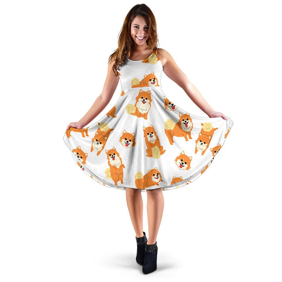 Brown Pomeranian Pattern Sleeveless Midi Dress