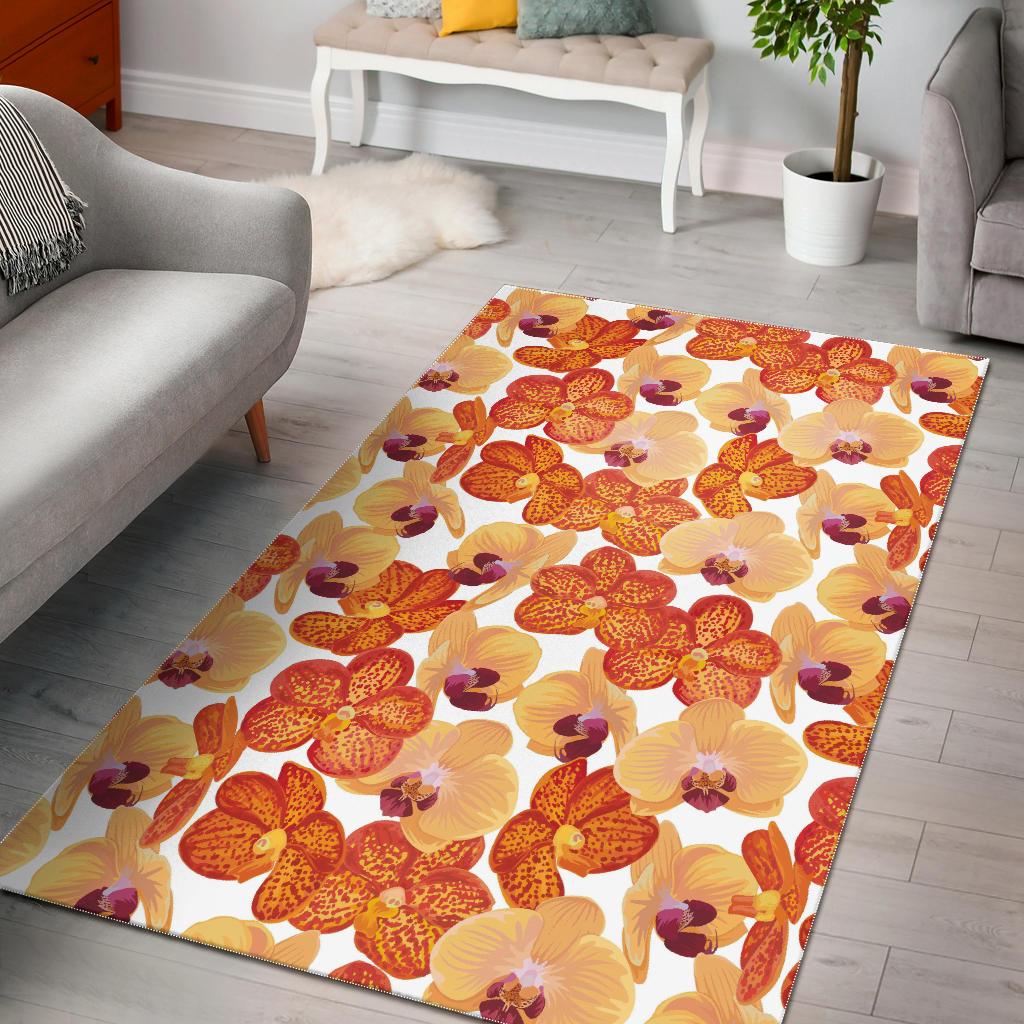 Orange Yellow Orchid Flower Pattern Background Area Rug