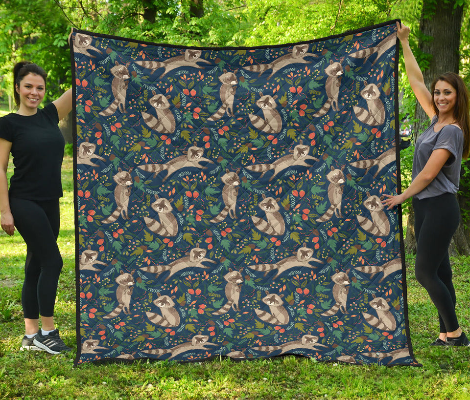 Raccoon Tropical Leaves Pattern Premium Quilt