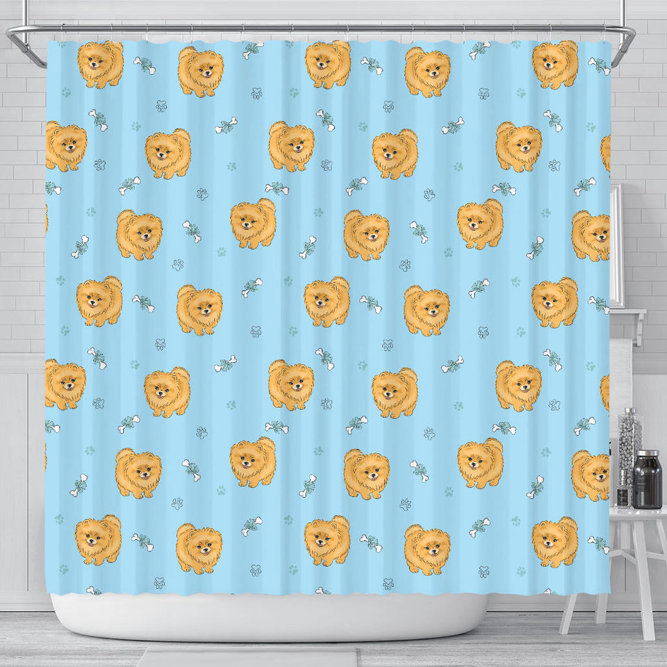 Brown Cute Pomeranian Blue Blackground Shower Curtain Fulfilled In US