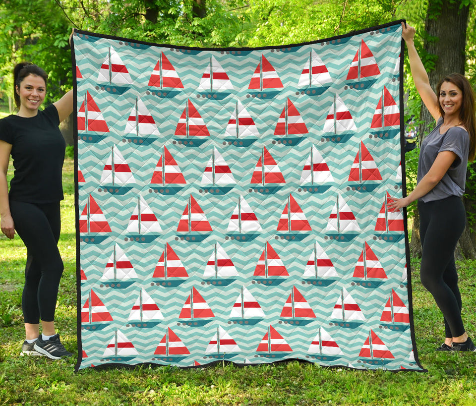 Red White Sailboat Wave Background Premium Quilt