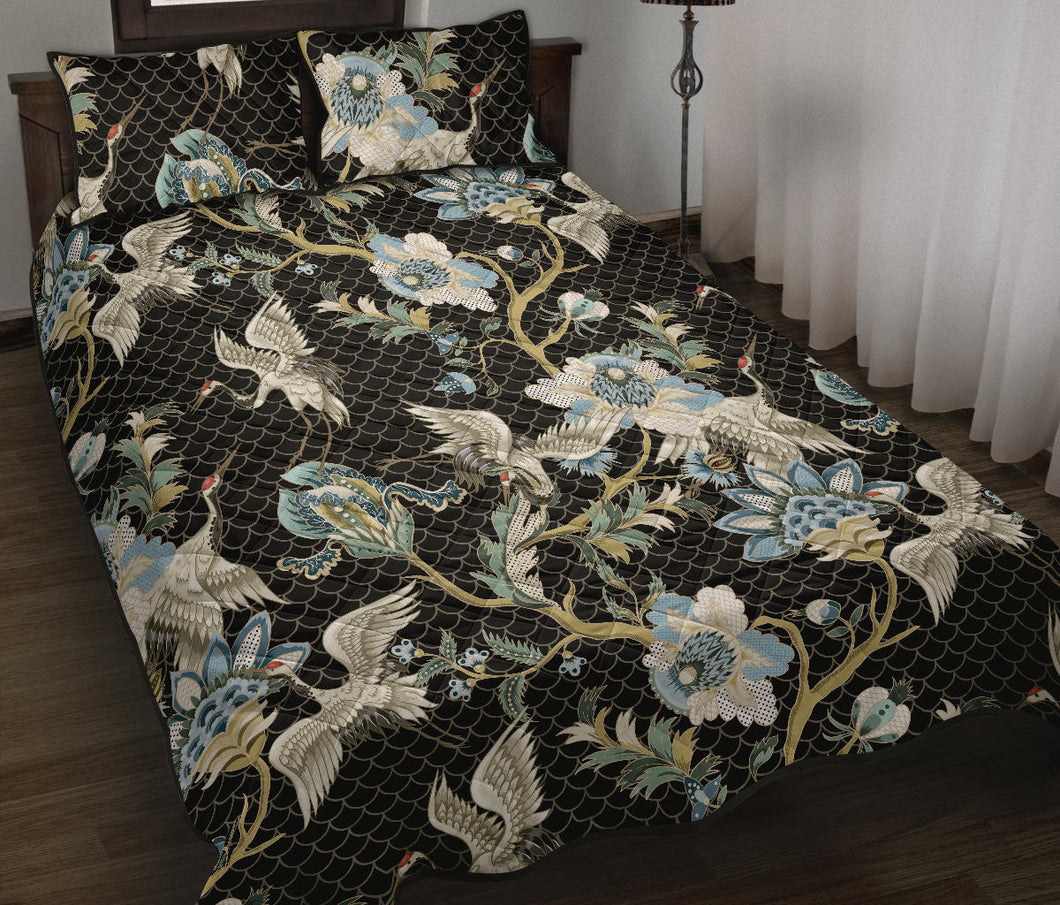 Japanese crane ornament elements Quilt Bed Set