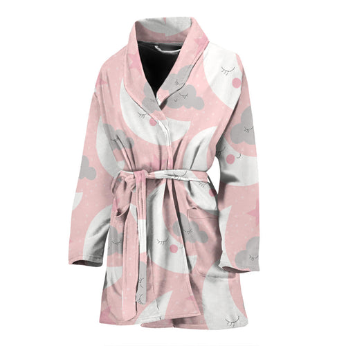 Cute Moon Cloud Star Pattern Pink Dot Background Women'S Bathrobe