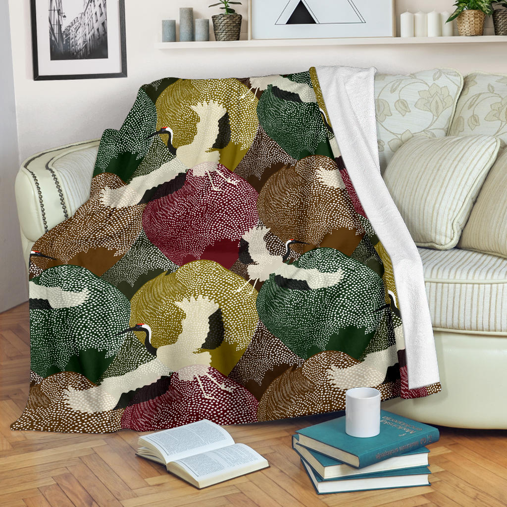 Japanese Cranes Flying Forest Dot Pattern Premium Blanket