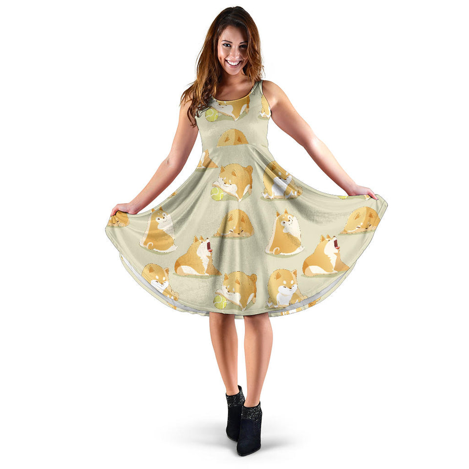 Cute Fat Shiba Inu Dog Pattern Sleeveless Midi Dress