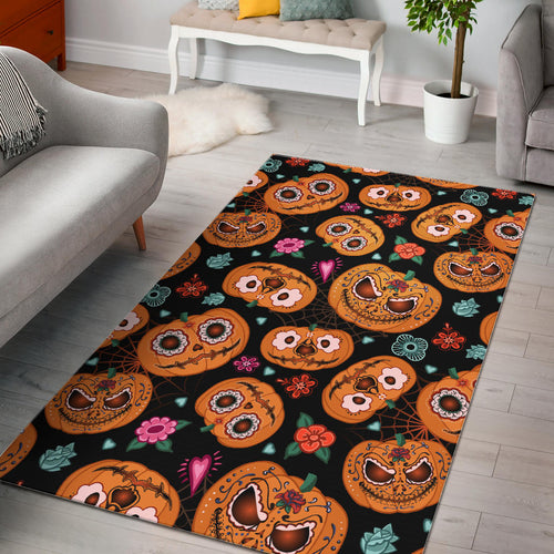 Pumpkin Flowers Spiderweb Halloween Theme Area Rug