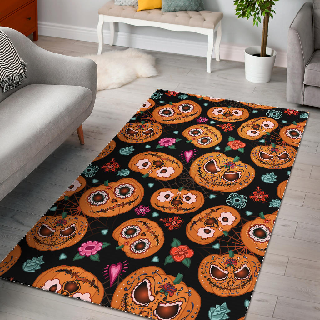 Pumpkin Flowers Spiderweb Halloween Theme Area Rug