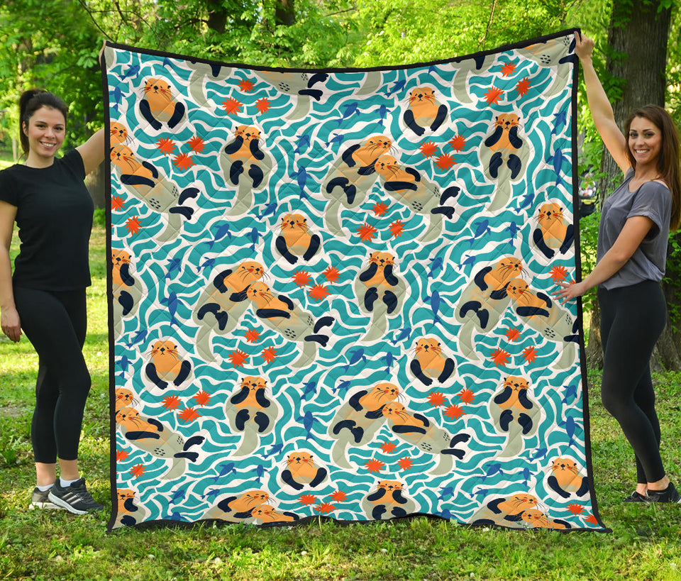 Cute Sea Otters Fishe Sea Urchin Pattern Premium Quilt