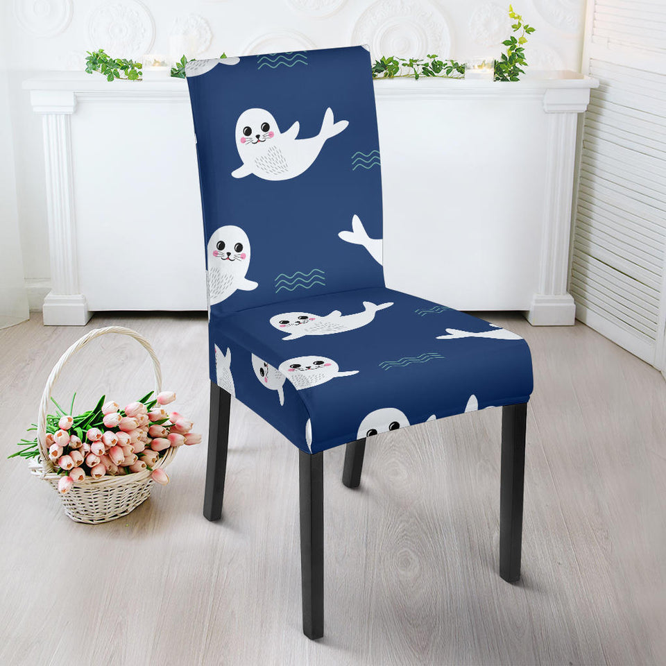 Cute White Baby Sea Lion Seal Pattern Dining Chair Slipcover