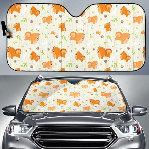 Cute Brown Pomeranian Paw Leave Bone Pattern Car Sun Shade