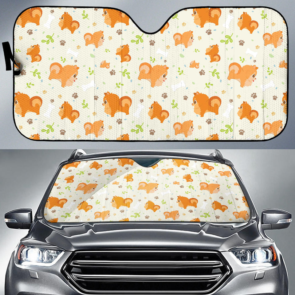 Cute Brown Pomeranian Paw Leave Bone Pattern Car Sun Shade