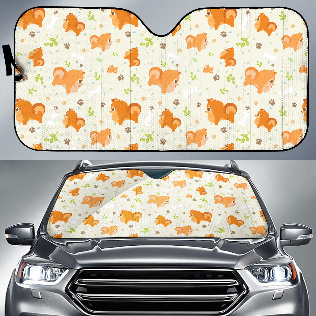 Cute Brown Pomeranian Paw Leave Bone Pattern Car Sun Shade