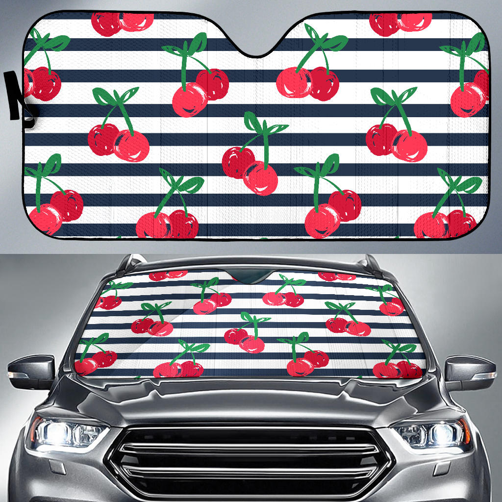 Hand Drawn Cherry Pattern Striped Background Car Sun Shade