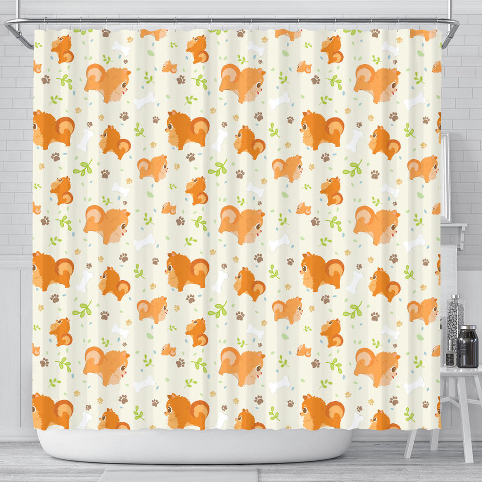 Cute Brown Pomeranian Paw Leave Bone Pattern Shower Curtain Fulfilled In US