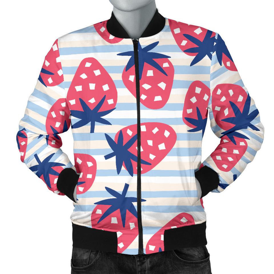 Strawberry Pattern Blue Lines Background Men'S Bomber Jacket