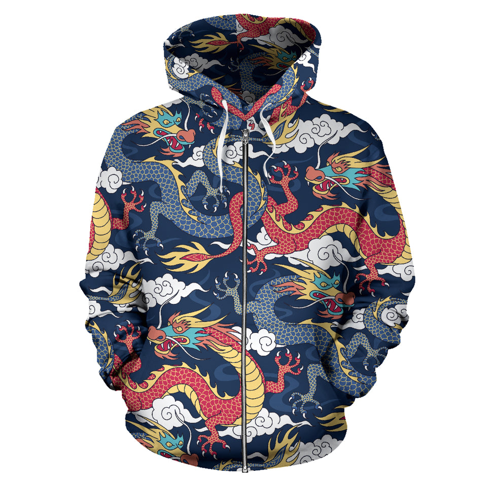 Blue Red Dragon Cloud Pattern Zip Up Hoodie