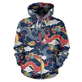 Blue Red Dragon Cloud Pattern Zip Up Hoodie