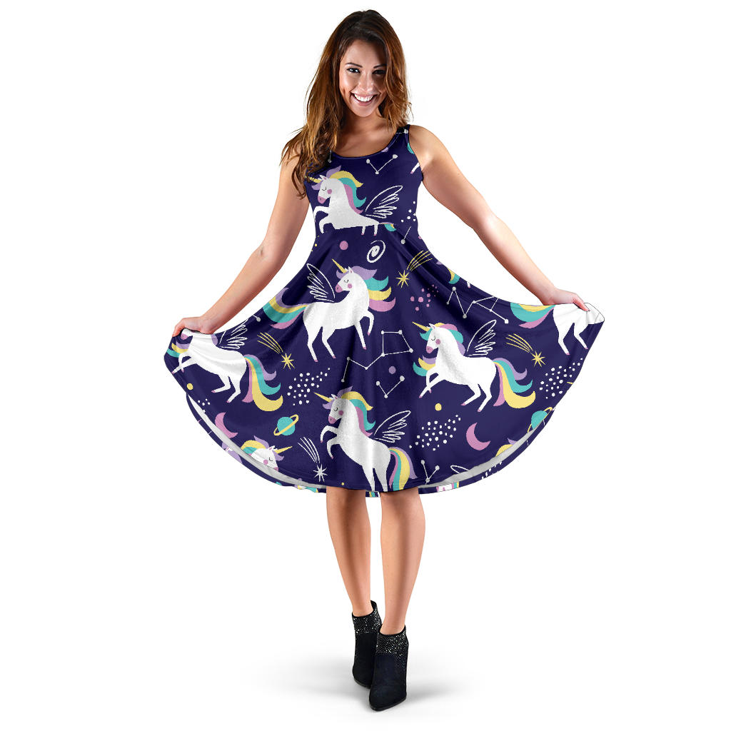 Hand Drawn Cute Unicorn Star Planet Sleeveless Midi Dress