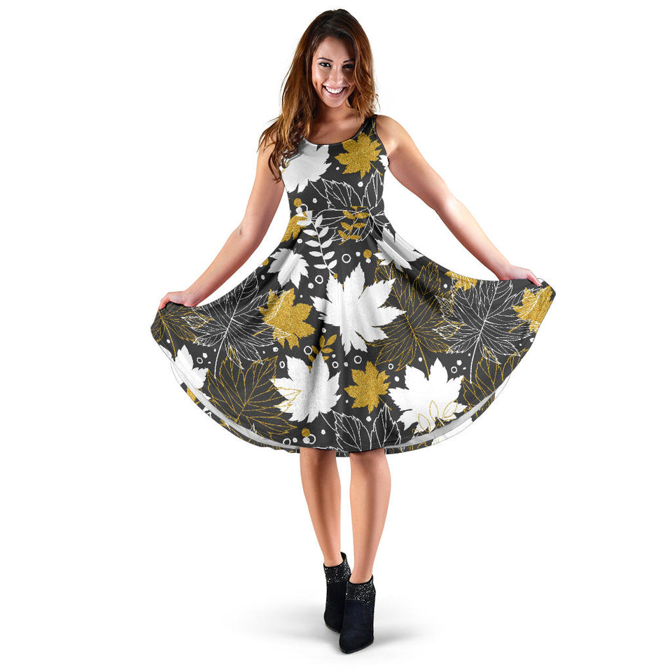 Beautiful Gold Autumn Maple Leaf Pattern Sleeveless Midi Dress