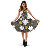 Beautiful Gold Autumn Maple Leaf Pattern Sleeveless Midi Dress