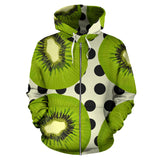 Kiwi Black Dot Background Zip Up Hoodie