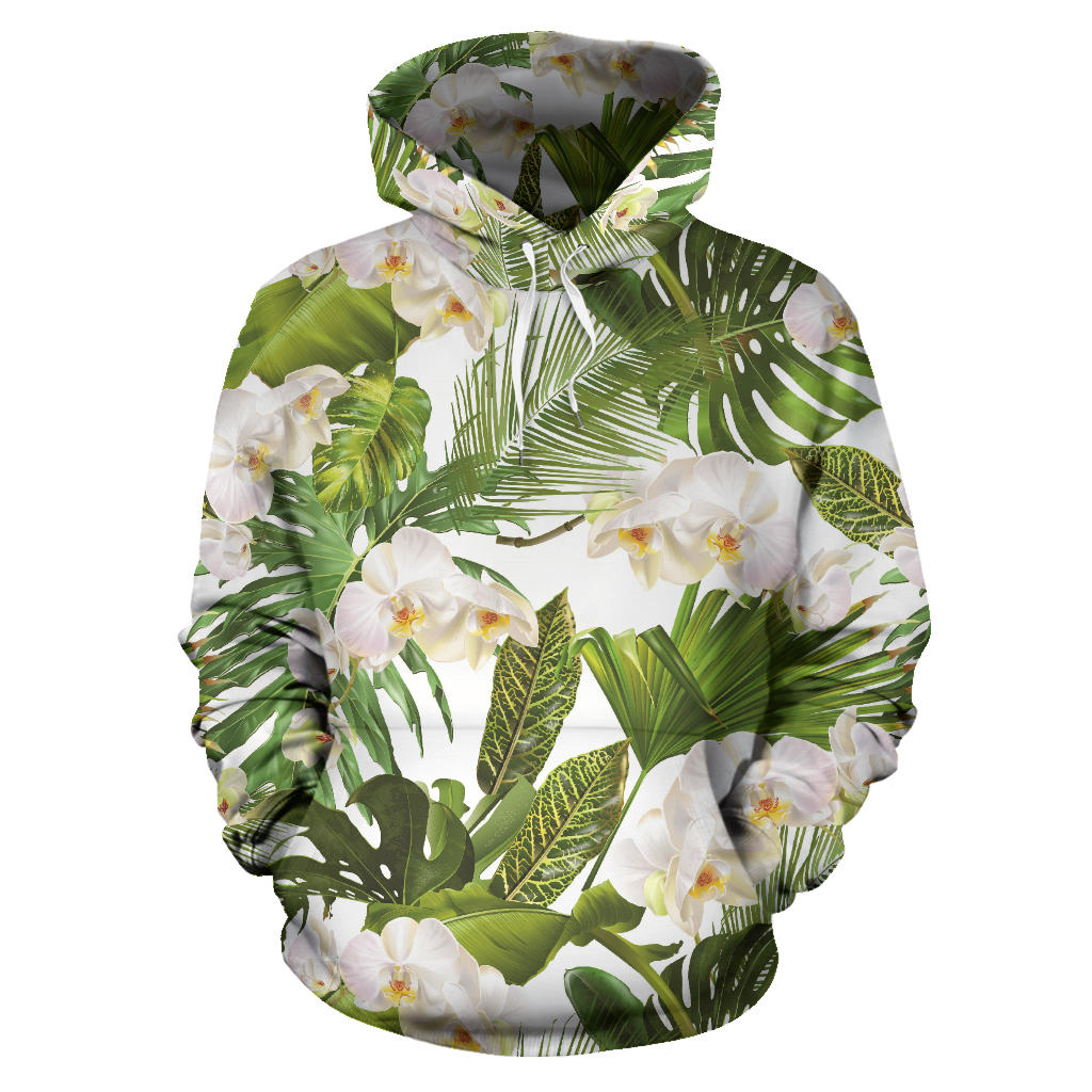 White Orchid Flower Tropical Leaves Pattern Men Women Pullover Hoodie