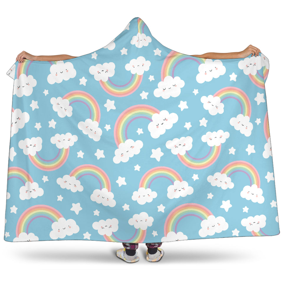 Cute Rainbow Clound Star Pattern Blue Background Hooded Blanket