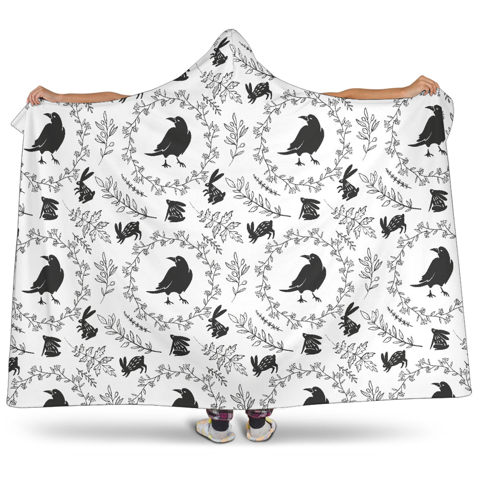 Crows Floral Wreath Rabbit Pattern Hooded Blanket