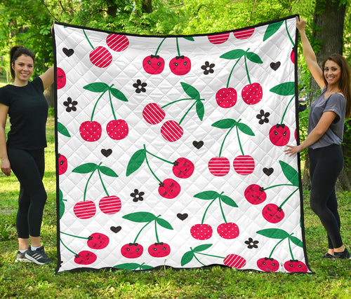 Cherry Pattern White Background Premium Quilt