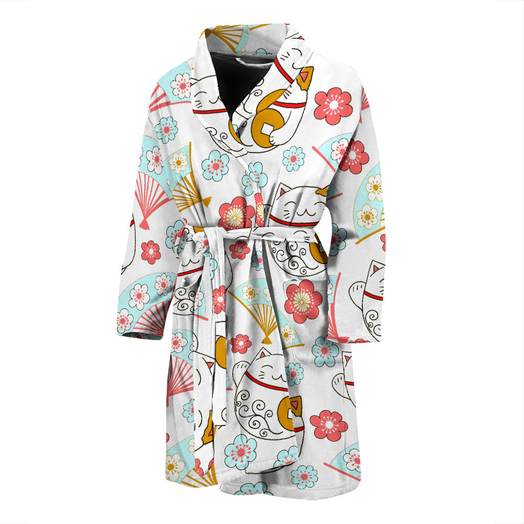 Maneki Neko Lucky Cat Fan Sakura Men'S Bathrobe