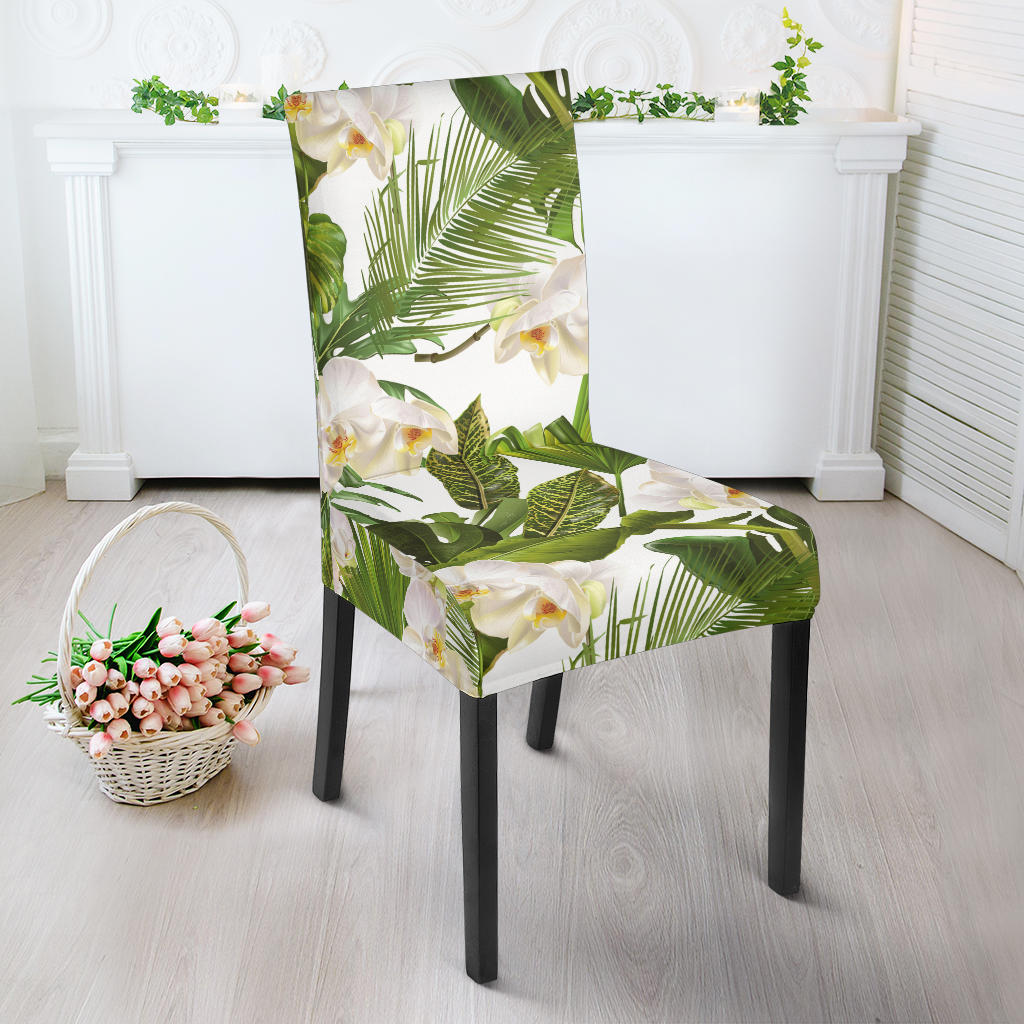 White Orchid Flower Tropical Leaves Pattern Dining Chair Slipcover