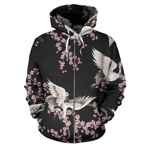 Japanese Crane Pink Sakura Pattern Zip Up Hoodie