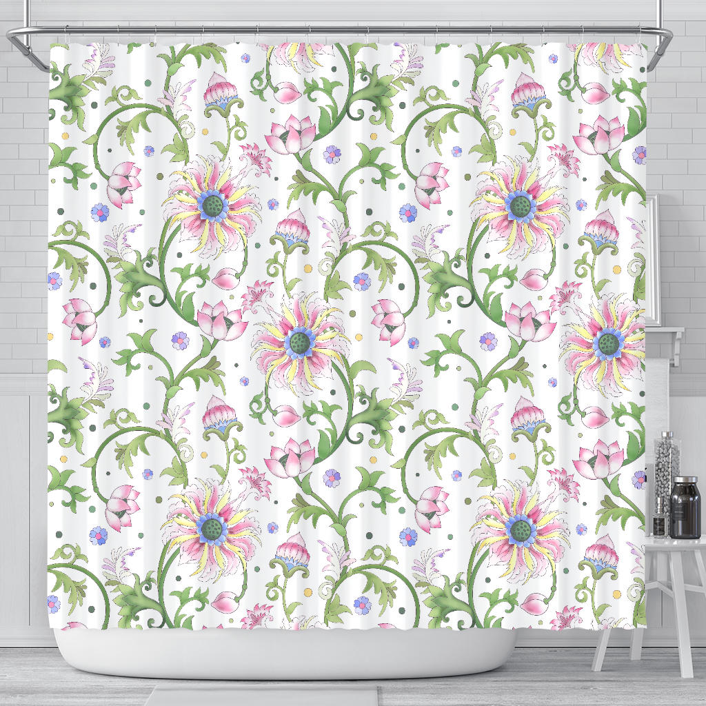 Beautiful Pink Lotus Waterlily Leaves Pattern Shower Curtain Fulfilled In US