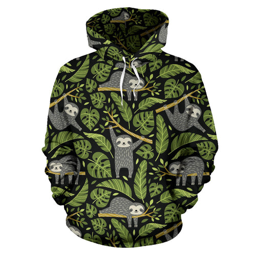 Cute Sloths Tropical Palm Leaves Black Background Men Women Pullover Hoodie