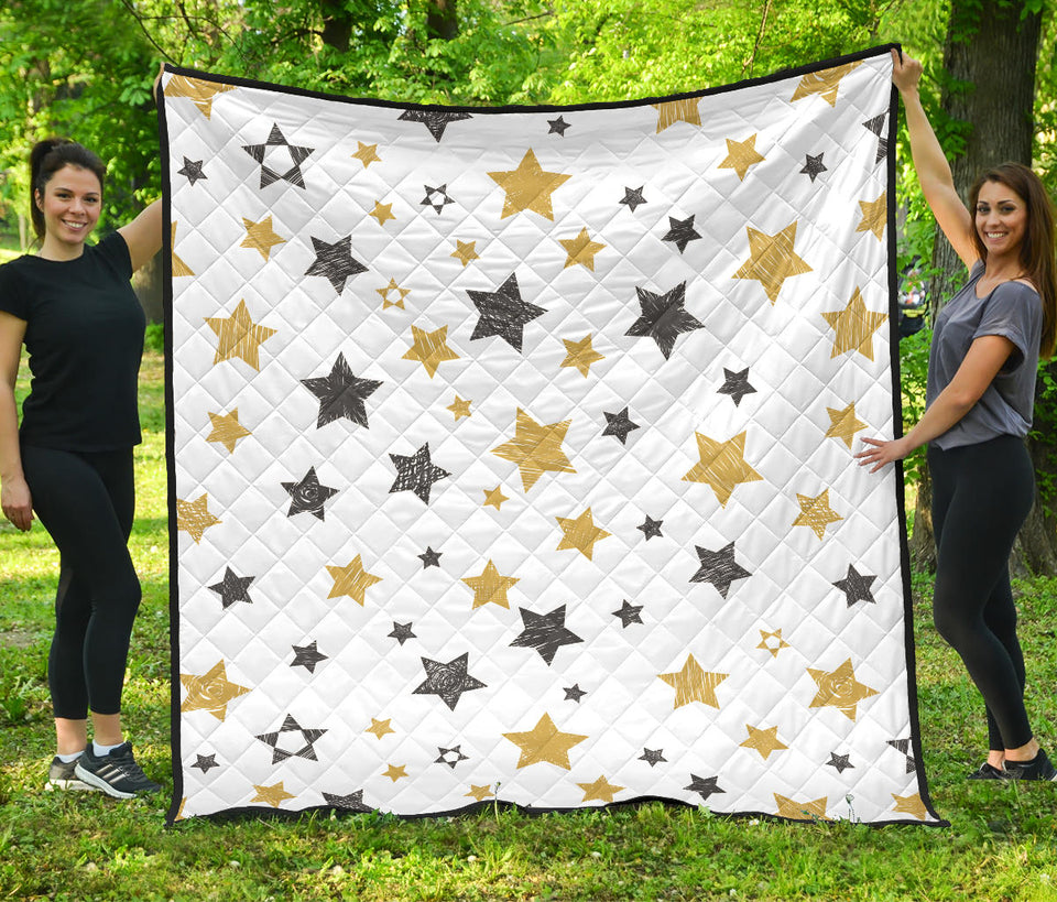 Hand Drawn Gold Black Star Pattern Premium Quilt.