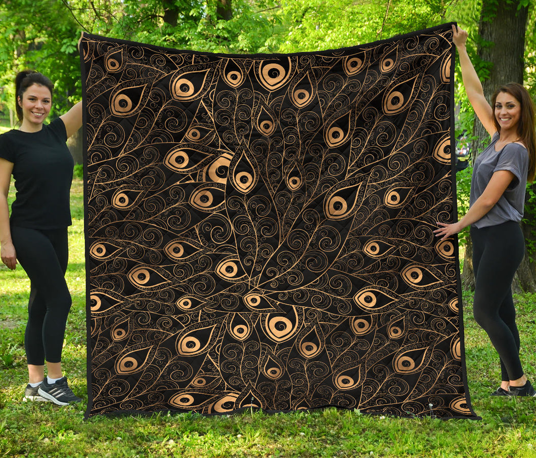 Gold Peacock Feather Pattern Premium Quilt