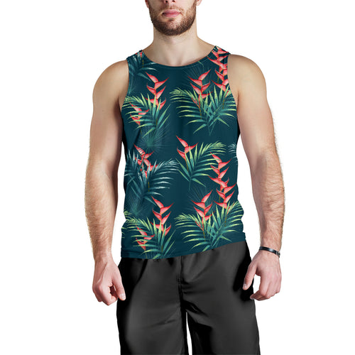 heliconia flowers, palm and monstera leaves on black background pattern Men Tank Top