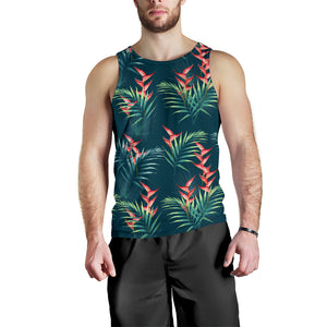 heliconia flowers, palm and monstera leaves on black background pattern Men Tank Top