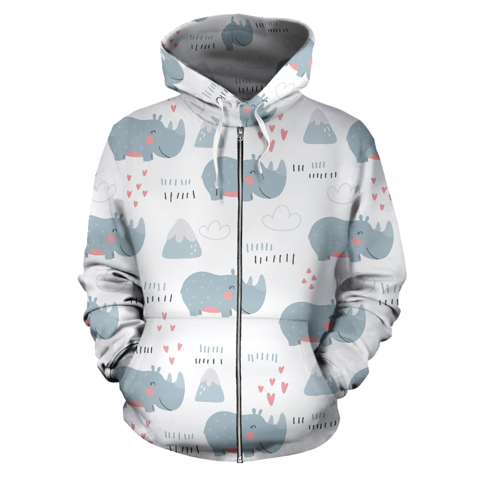Cute Rhino Heart Pattern Zip Up Hoodie