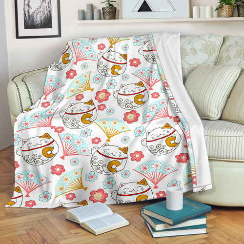 Maneki Neko Lucky Cat Fan Sakura Premium Blanket