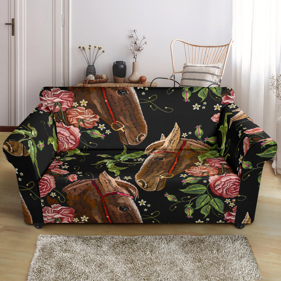 Horse Head Wild Roses Pattern Loveseat Couch Slipcover