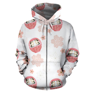 Daruma Japanese Wooden Doll Cherry Blossom Flower Pattern Zip Up Hoodie