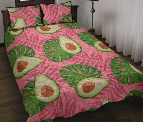 Avocado slices leaves pink back ground Quilt Bed Set