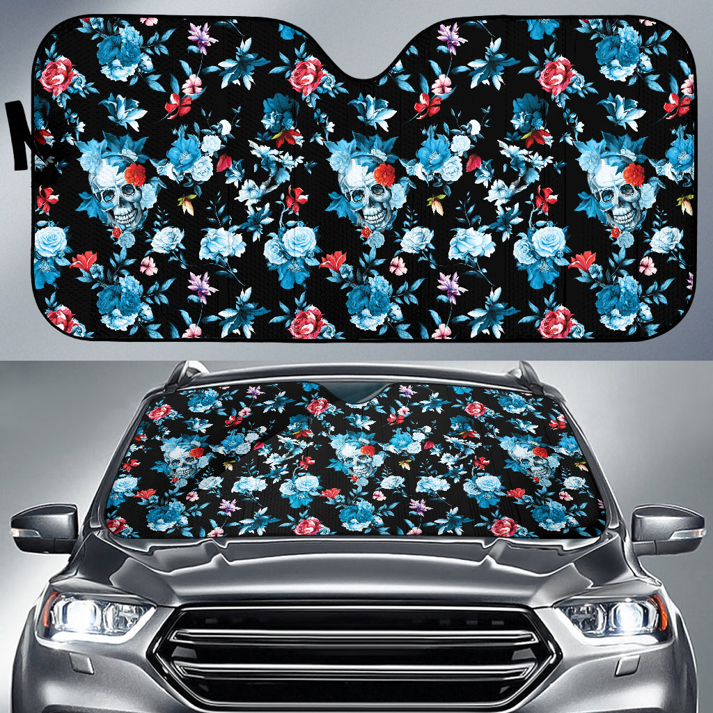 Skull Flower Roses Leave Pattern Car Sun Shade