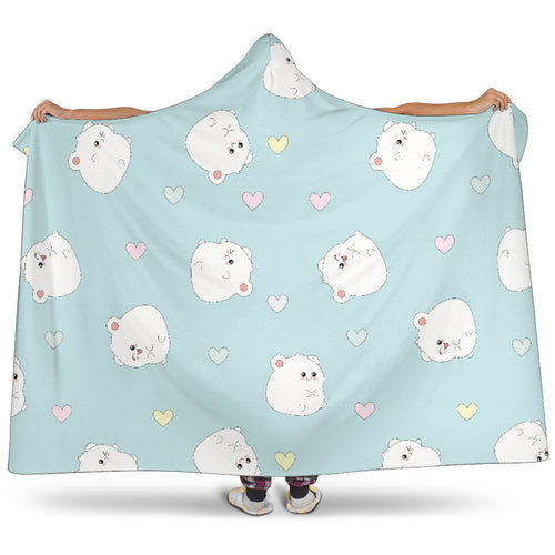 White Cute Hamsters Heart Pattern Hooded Blanket