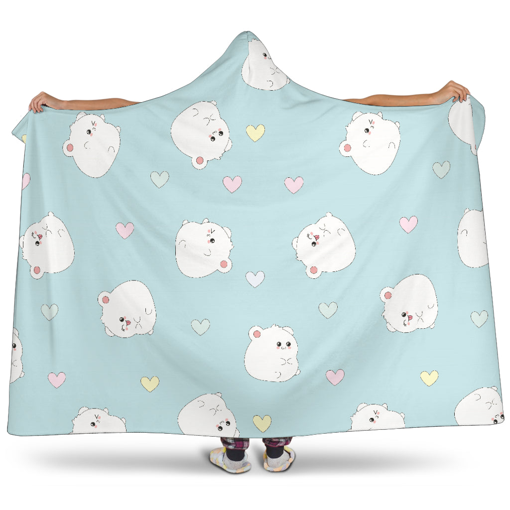 White Cute Hamsters Heart Pattern Hooded Blanket