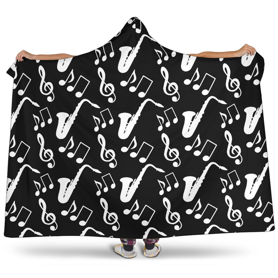 Saxophone Music Notes Treble Clef Black White Theme Hooded Blanket