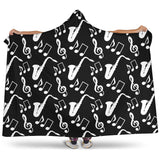 Saxophone Music Notes Treble Clef Black White Theme Hooded Blanket
