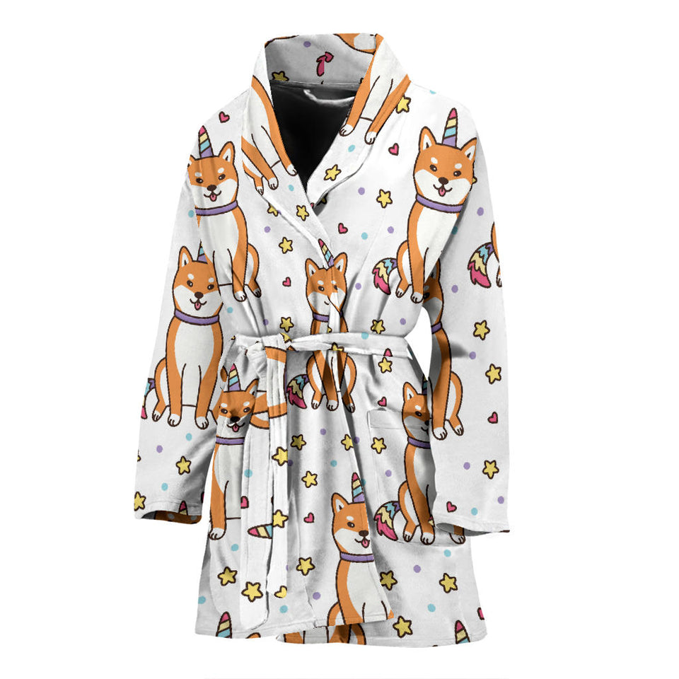 Shiba Inu Unicorn Costume Horn Colorful Tail Pattern Women'S Bathrobe