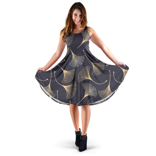 Gold Ginkgo Leaves Sleeveless Midi Dress